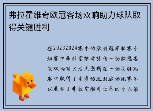 弗拉霍维奇欧冠客场双响助力球队取得关键胜利